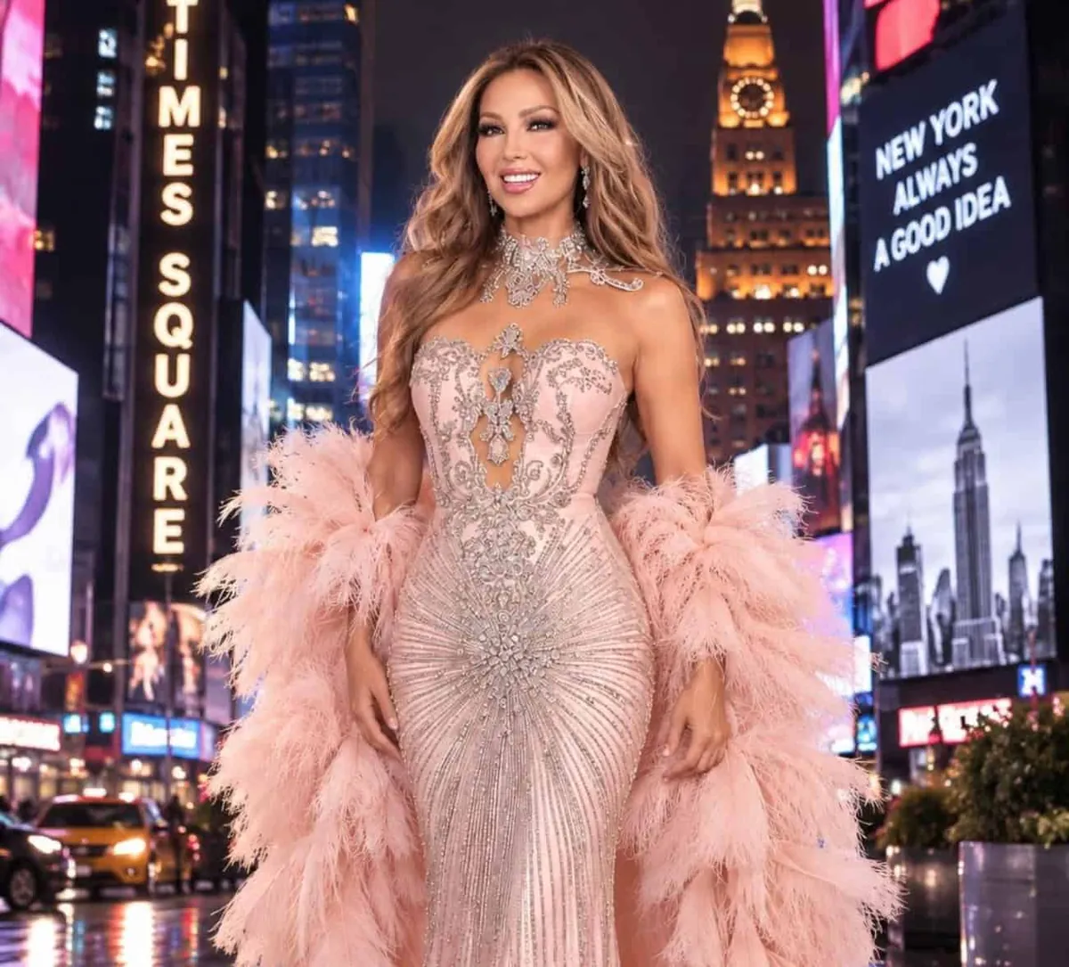 Thalía deslumbra en Times Square con un espectacular diseño de Giannina Azar